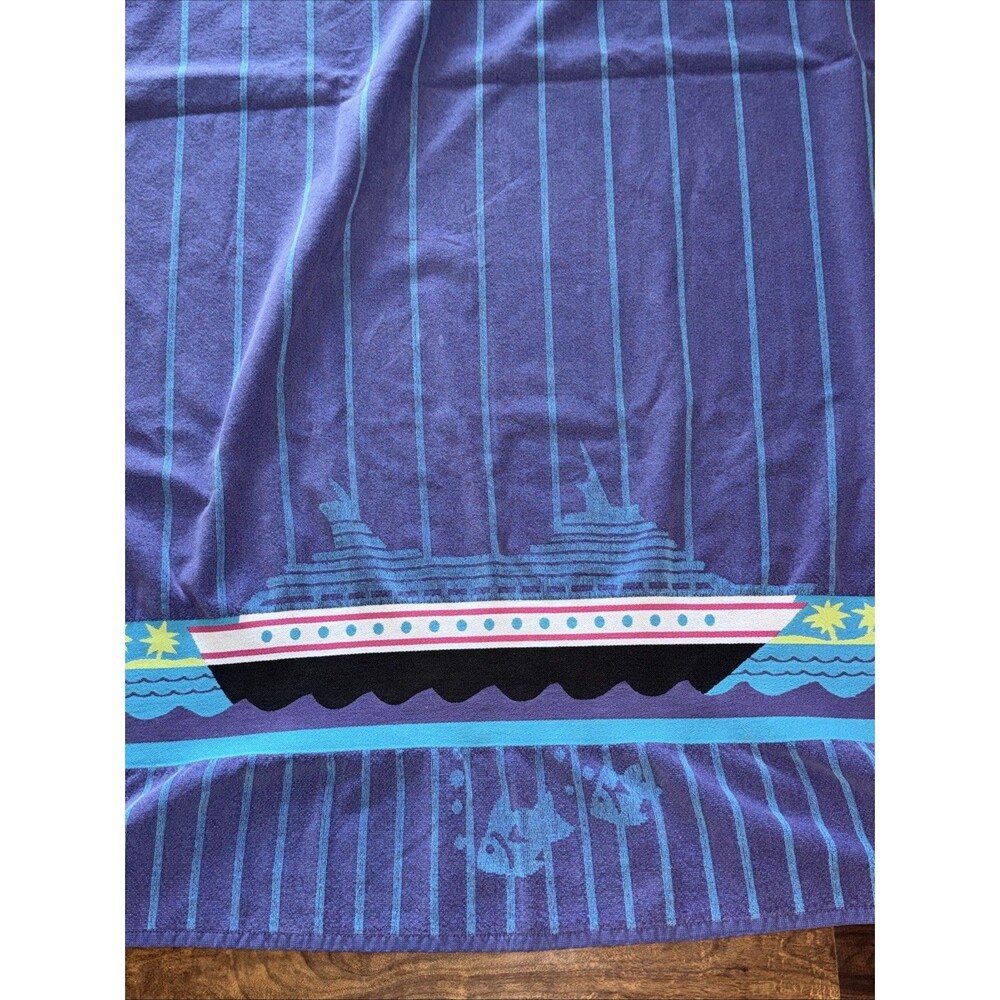 VTG 90s Beach Pool Towel Boats Nautical Colorful Cruise Ship Cotton Palm Cove